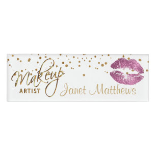 So Pink Glitter Lips & Elegant Gold Confetti Dots Name Tag