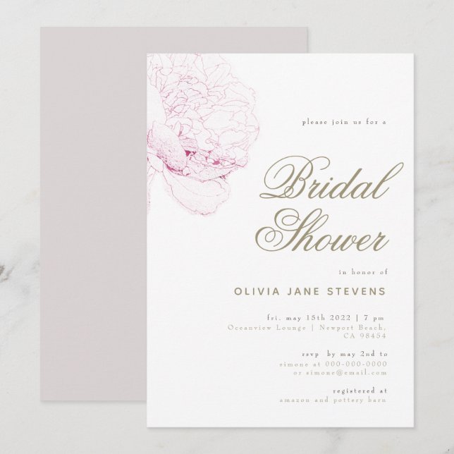 So Pink Peony Elegant Script Floral Bridal Shower Invitation (Front/Back)