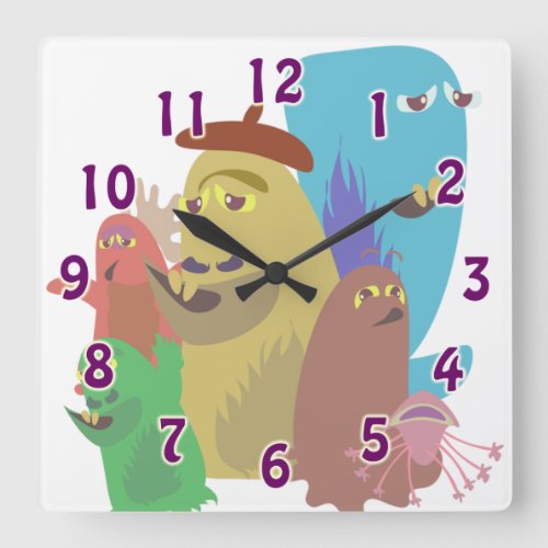 So Scary Monster Pals Fun Kawaii Cartoon Art Square Wall Clock