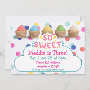 So Sweet, Colorful Cupcakes & Polka Dot Birthday Invitation