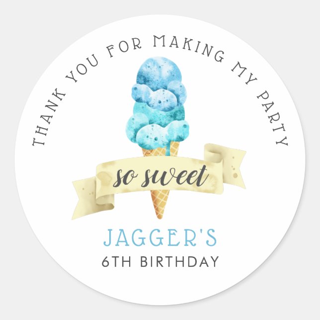 So Sweet Ice Cream Boys Birthday Party Favor Classic Round Sticker (Front)