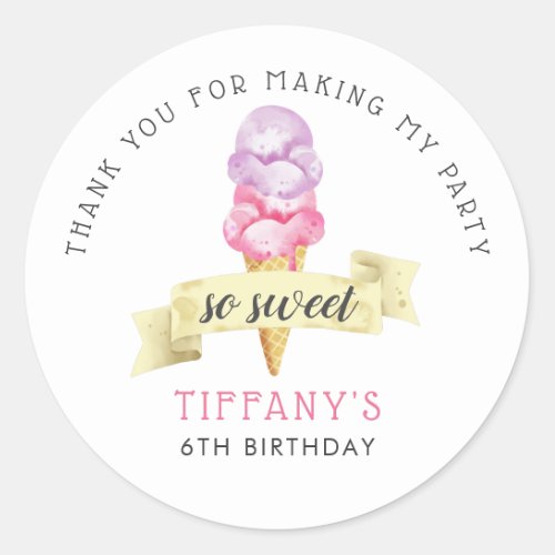 So Sweet Ice Cream Girls Birthday Party Favor Classic Round Sticker