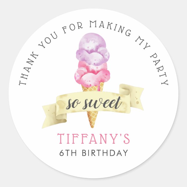 So Sweet Ice Cream Girls Birthday Party Favor Classic Round Sticker (Front)