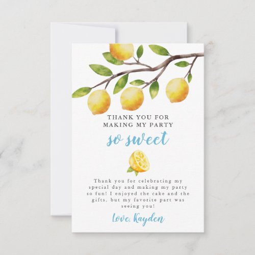 So Sweet Lemon Boys Birthday Party  Thank You Card