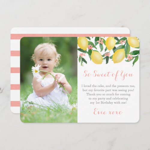 So Sweet Of You Lemons Girl Birthday Party Picture Thank You Card