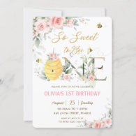 So Sweet To Be One Bees Pink Floral 1st Birthday  Invitation