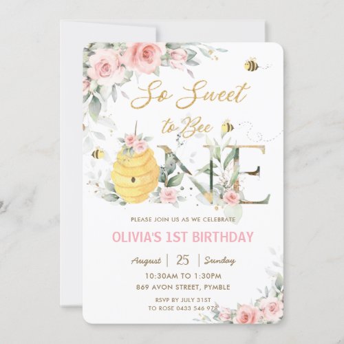 So Sweet To Be One Bees Pink Floral 1st Birthday  Invitation