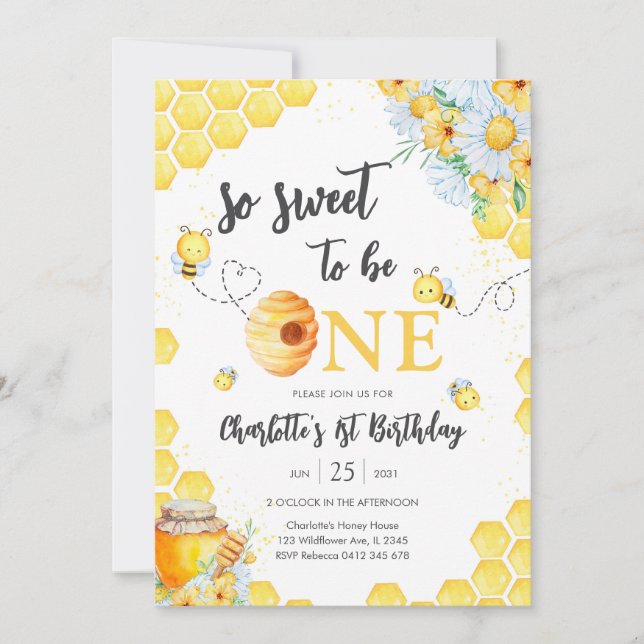 So Sweet To Be One Honey Bee 1st Birthday Invitation (Front)