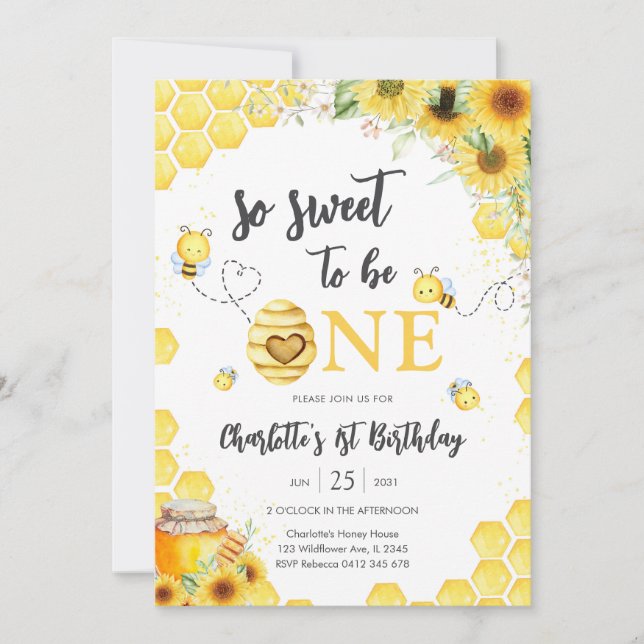 So Sweet To Be One Honey Bee 1st Birthday Invitation (Front)