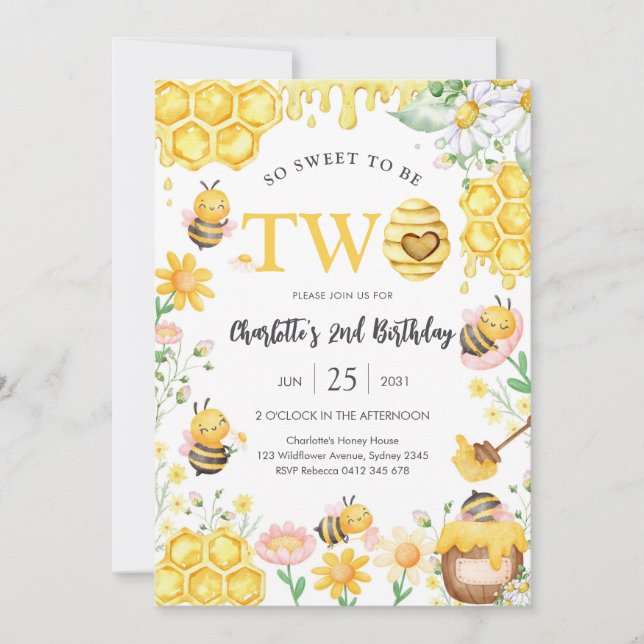 So Sweet To Be Two Honey Bee 2nd Birthday Invitation (Front)
