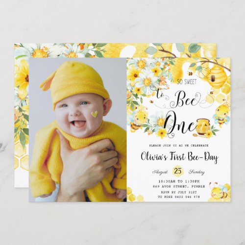 So Sweet to Bee One Cute Bees 1st Birthday Photo Invitation