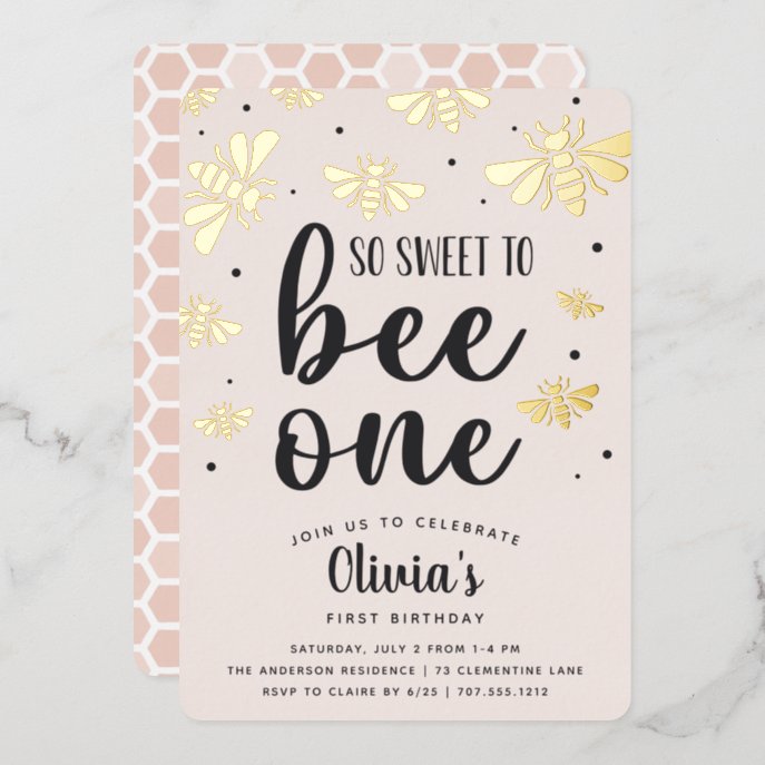 So Sweet To Bee One First Birthday Party Foil Foil Invitation