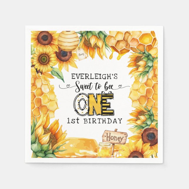 So sweet to bee one floral 1st birthday  napkins (Front)