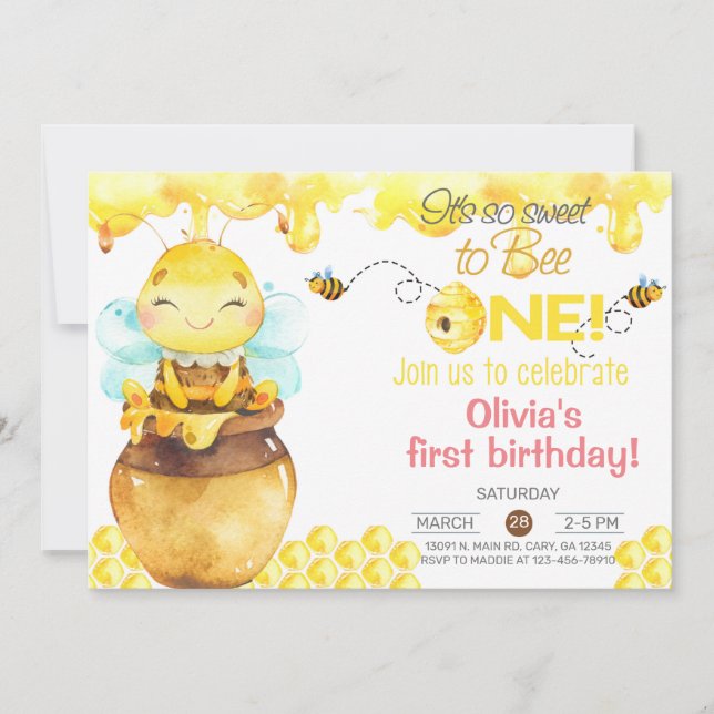 So sweet to bee one girl 1st birthday invitation.  invitation (Front)