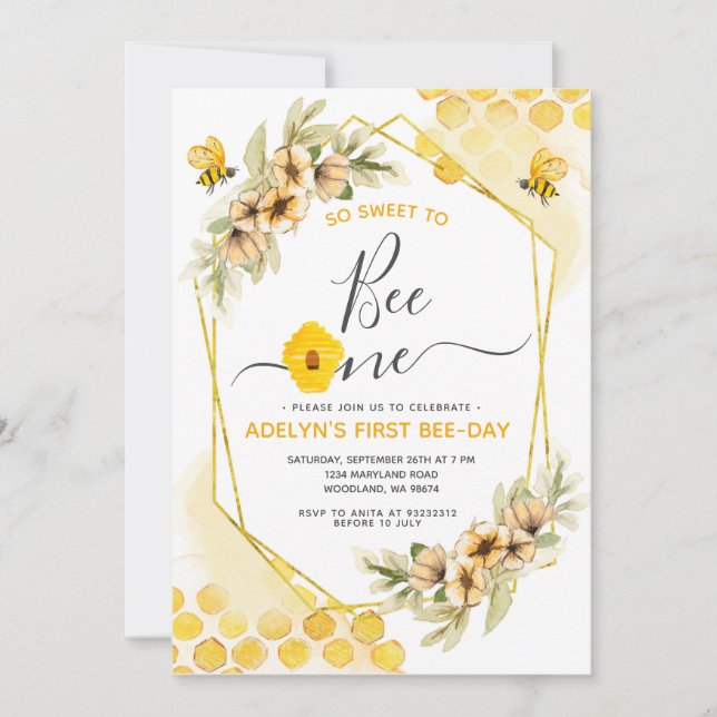 So Sweet to Bee ONE Honey Birthday Party Invitation (Front)