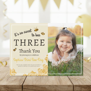 So Sweet To Bee Three 3rd Birthday Honey Bee Photo Thank You Card