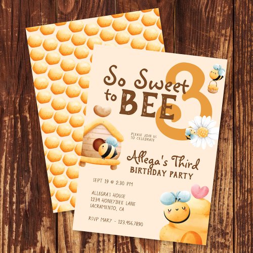 So Sweet to Bee Three Cute 3rd Birthday Party Invitation