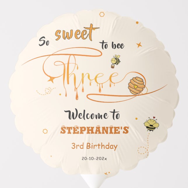 So Sweet To Bee Three Cute Honey Bee 3rd Birthday Balloon (Front)