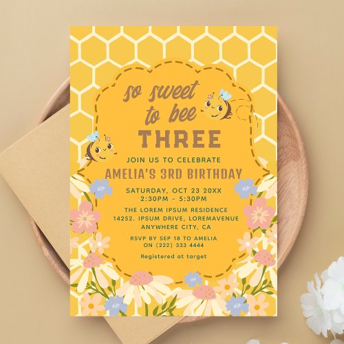 So sweet to bee three girl birthday party invitation