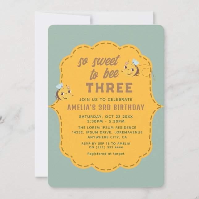 So sweet to bee three girl birthday party invitation (Front)