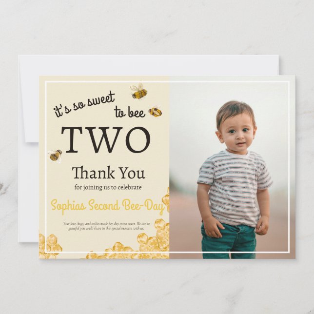 So Sweet To Bee Two 2nd Birthday Honey Bee Photo Thank You Card (Front)