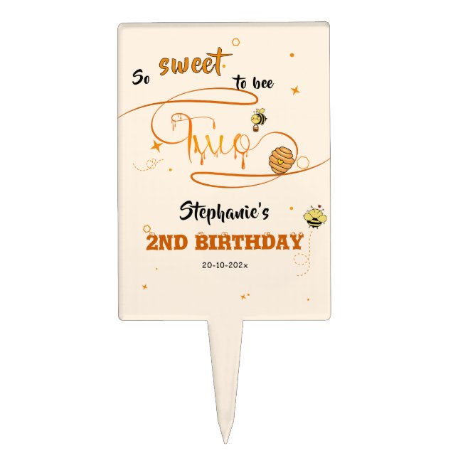 So Sweet To Bee Two Cute Honey Bee 2nd Birthday Cake Topper (Front)
