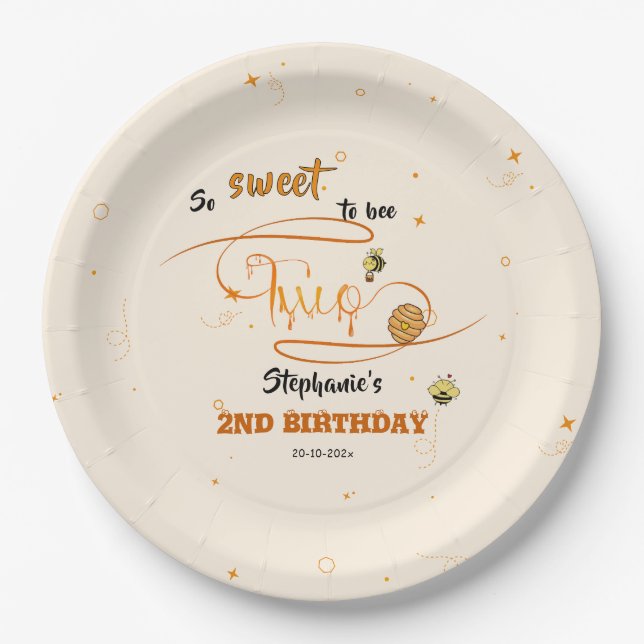 So Sweet To Bee Two Cute Honey Bee 2nd Birthday Paper Plates (Front)