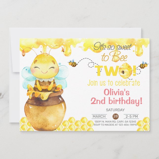 So sweet to bee two girl 2nd birthday invitation.  invitation (Front)