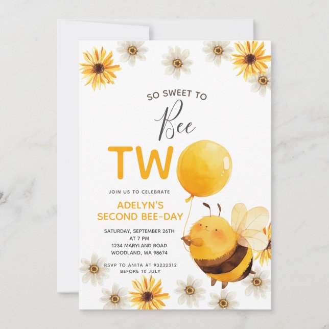 So Sweet to Bee TWO Honey Birthday Party  Invitation (Front)