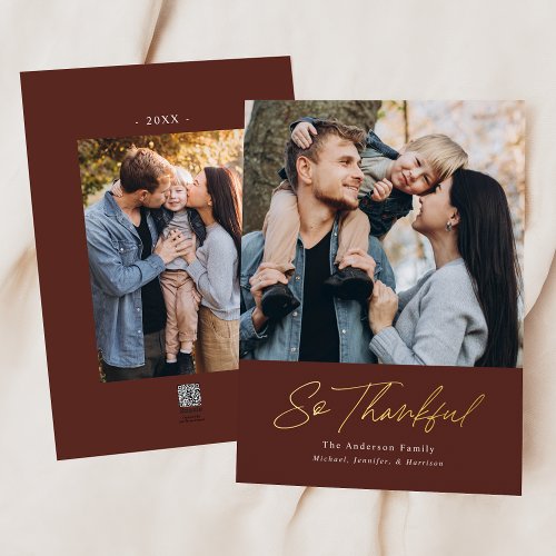 So Thankful Brown 2 Photo Thanksgiving Foil Holiday Card