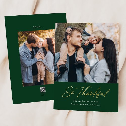 So Thankful Green 2 Photo Thanksgiving Foil Holiday Card