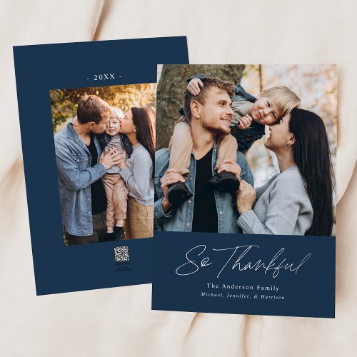 So Thankful Navy 2 Photo Thanksgiving Foil Holiday Card