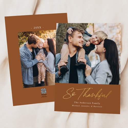 So Thankful Pecan 2 Photo Thanksgiving Foil Holiday Card