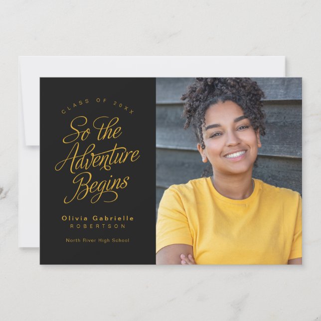 So The Adventure Begins Black Yellow Graduation Announcement (Front)