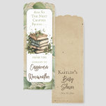 So the Next Chapter Begins Baby Shower Favor Bookmarks<br><div class="desc">Embrace the beauty of a vintage-inspired design for your baby shower with the touching sentiment, 'And So The Next Chapter Begins…'. This charming illustration features a carefully stacked collection of antique books, their spines worn with age, and delicate leaves gracefully intertwined around them. The books are set against a white,...</div>