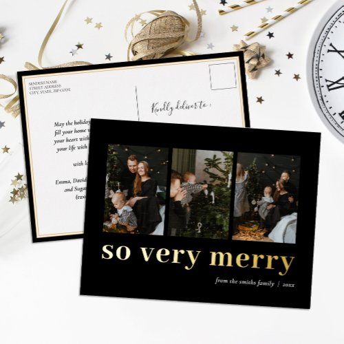 So Very Merry Black Gold Modern 3 Photo Collage Foil Holiday Postcard