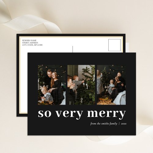So Very Merry Black Modern 3 Photo Collage Holiday Postcard
