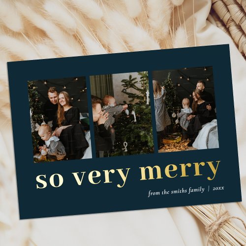 So Very Merry Blue Gold Modern 3 Photo Collage Foil Holiday Card
