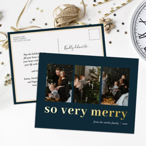 So Very Merry Blue Gold Modern 3 Photo Collage Foil Holiday Postcard