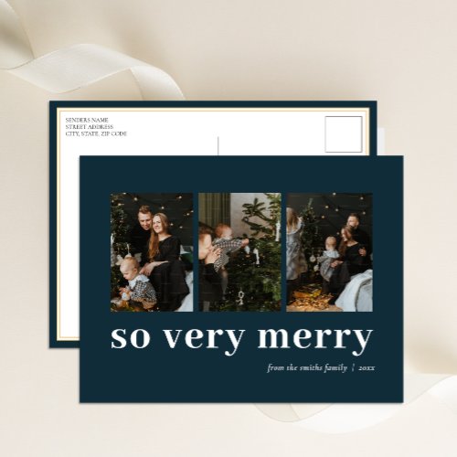 So Very Merry Blue Modern 3 Photo Collage Holiday Postcard