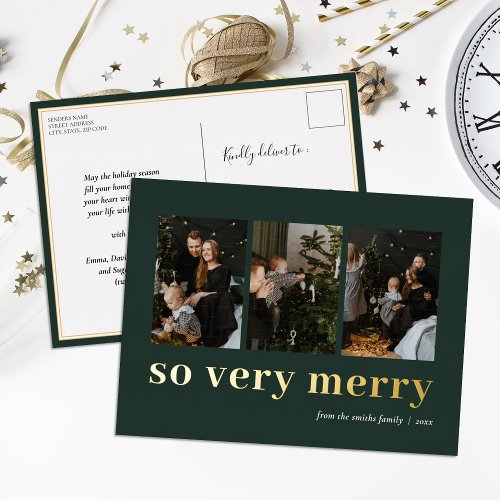 So Very Merry Green Gold Modern 3 Photo Collage Foil Holiday Postcard