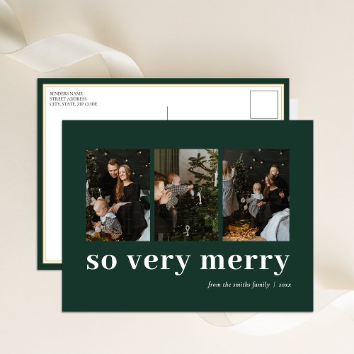 So Very Merry Green Modern 3 Photo Collage Holiday Postcard