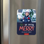 So Very Merry Holiday Photo Magnet<br><div class="desc">Custom printed holiday photo magnets with simple templates for customization. This modern design has a festive mix of typography in red and white on a navy blue background. The wording says "So Very Merry". Personalize it with your photos and add your family name and the year. Use the design tools...</div>