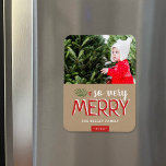 So Very Merry Holiday Photo Magnet<br><div class="desc">Custom printed holiday photo magnets with simple templates for customization. This modern design has a festive mix of typography in red and white on a faux kraft paper background. The wording says "So Very Merry". Personalize it with your photos and add your family name and the year. Use the design...</div>
