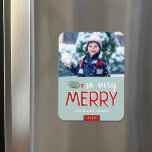So Very Merry Holiday Photo Magnet<br><div class="desc">Custom printed holiday photo magnets with simple templates for customization. This modern design has a festive mix of typography in red and white on a mint blue background. The wording says "So Very Merry". Personalize it with your photos and add your family name and the year. Use the design tools...</div>