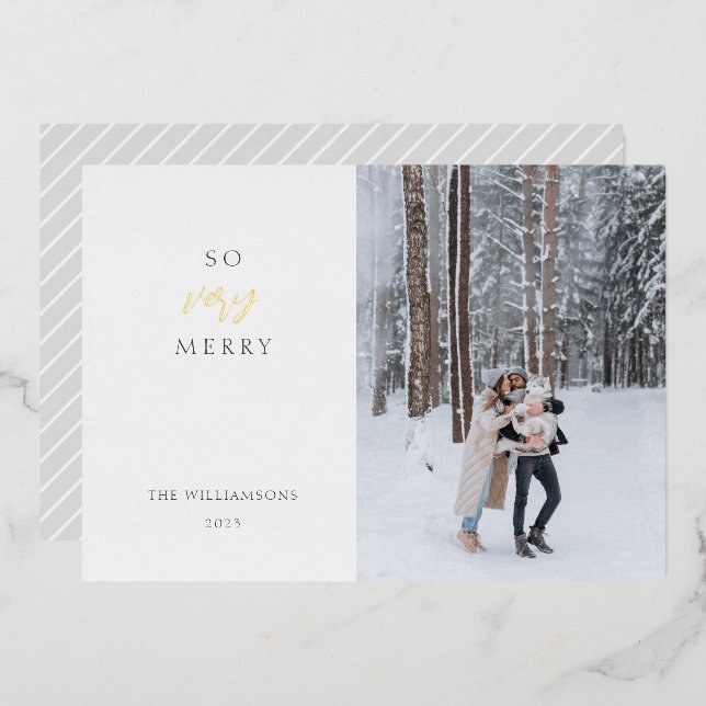 So Very Merry Modern Script Photo Christmas Foil Holiday Card (Front/Back)