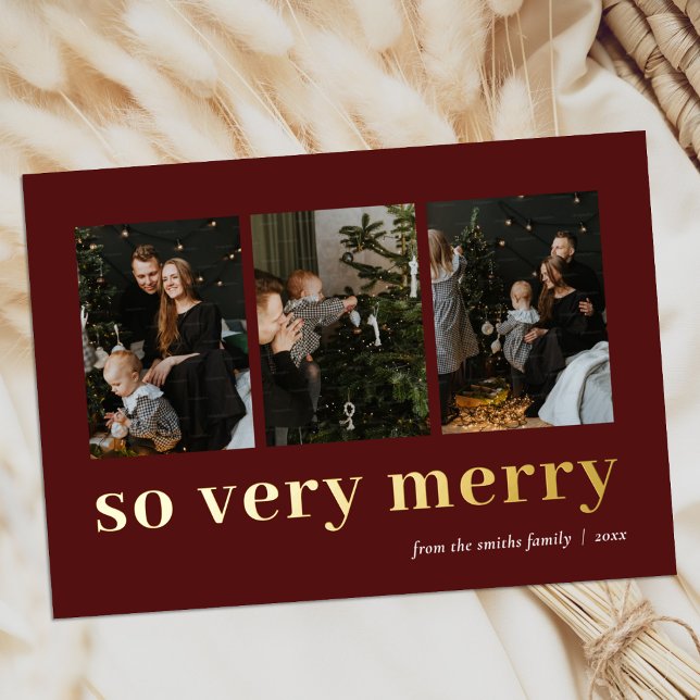 So Very Merry Red Gold Modern 3 Photo Collage Foil Holiday Card (Creator Uploaded)