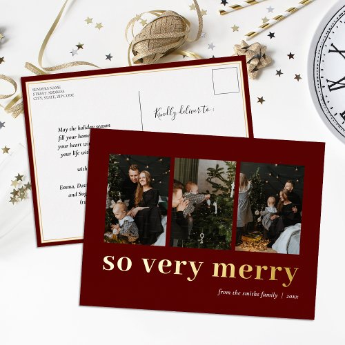 So Very Merry Red Gold Modern 3 Photo Collage Foil Holiday Postcard