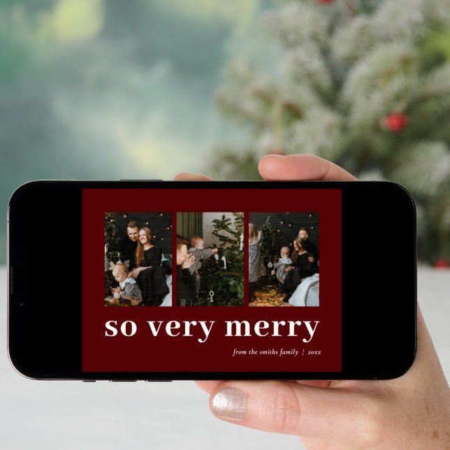 So Very Merry Red Modern 3 Photo Collage Holiday Card (Front Digital)