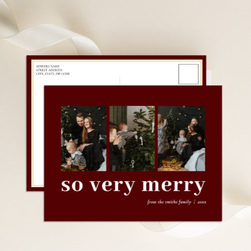 So Very Merry Red Modern 3 Photo Collage Holiday Postcard